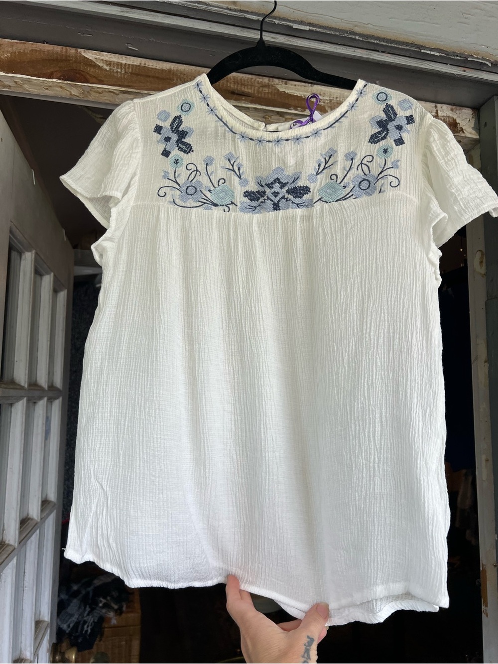mine Size medium White Peasant Blouse with Blue Embroidery